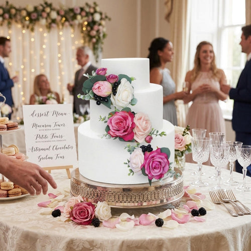 Close up of berry pink and blush faux flowers on wedding cake