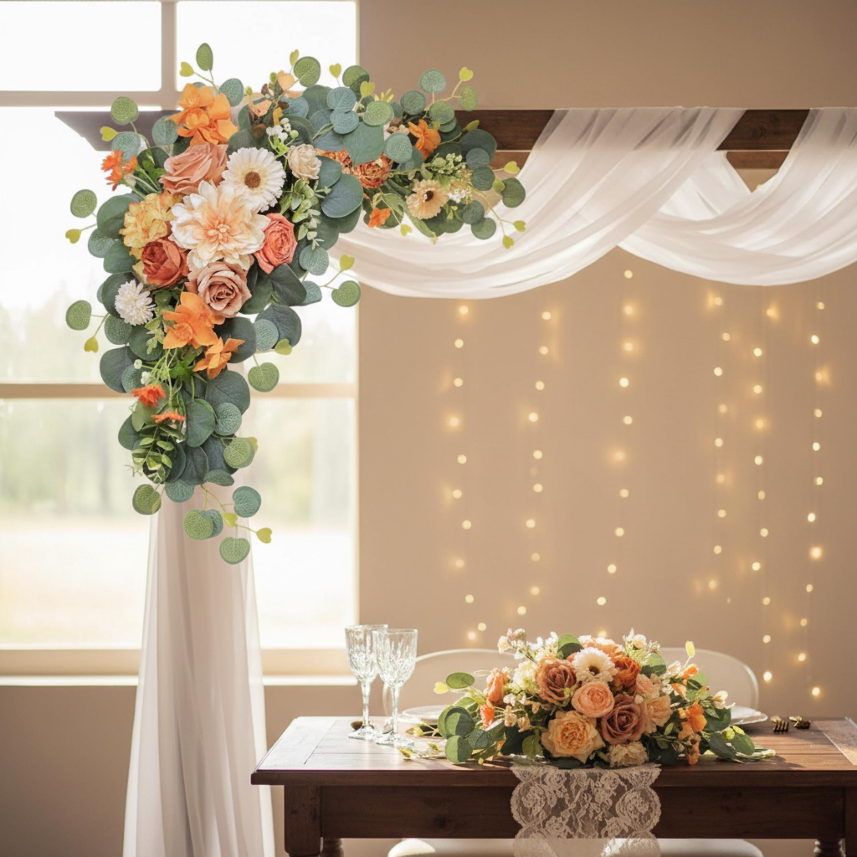 Artificial floral swag set with peach flowers for romantic wedding backdrop decor