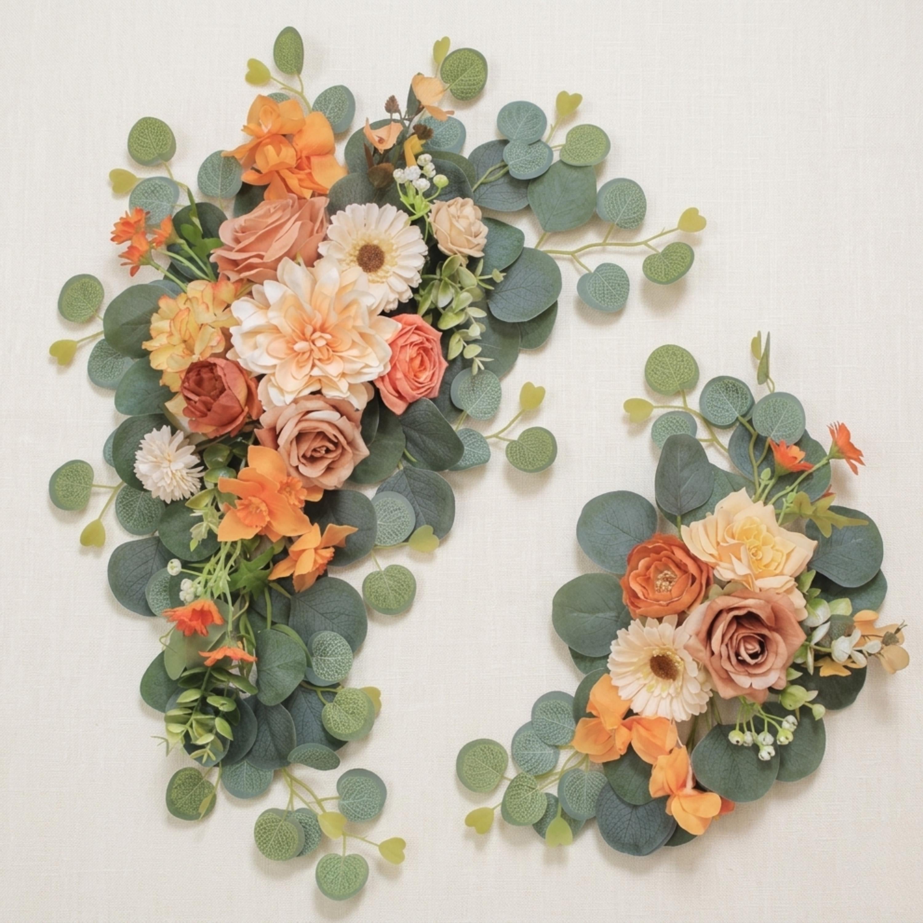 Peach cream artificial floral swag set of 2 with eucalyptus greenery for wedding arch decor
