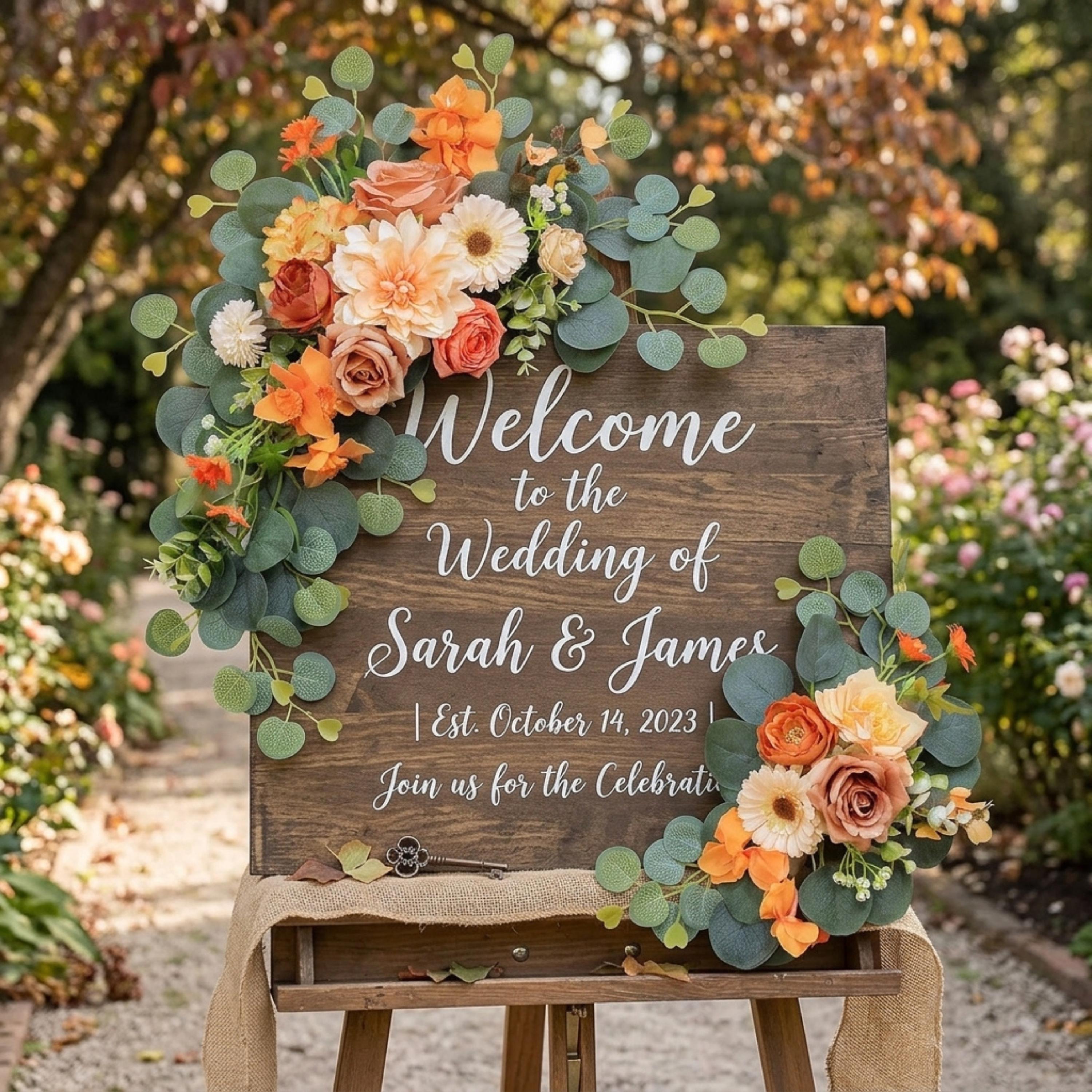 Peach and cream floral swag decor for wedding welcome sign and ceremony entrance