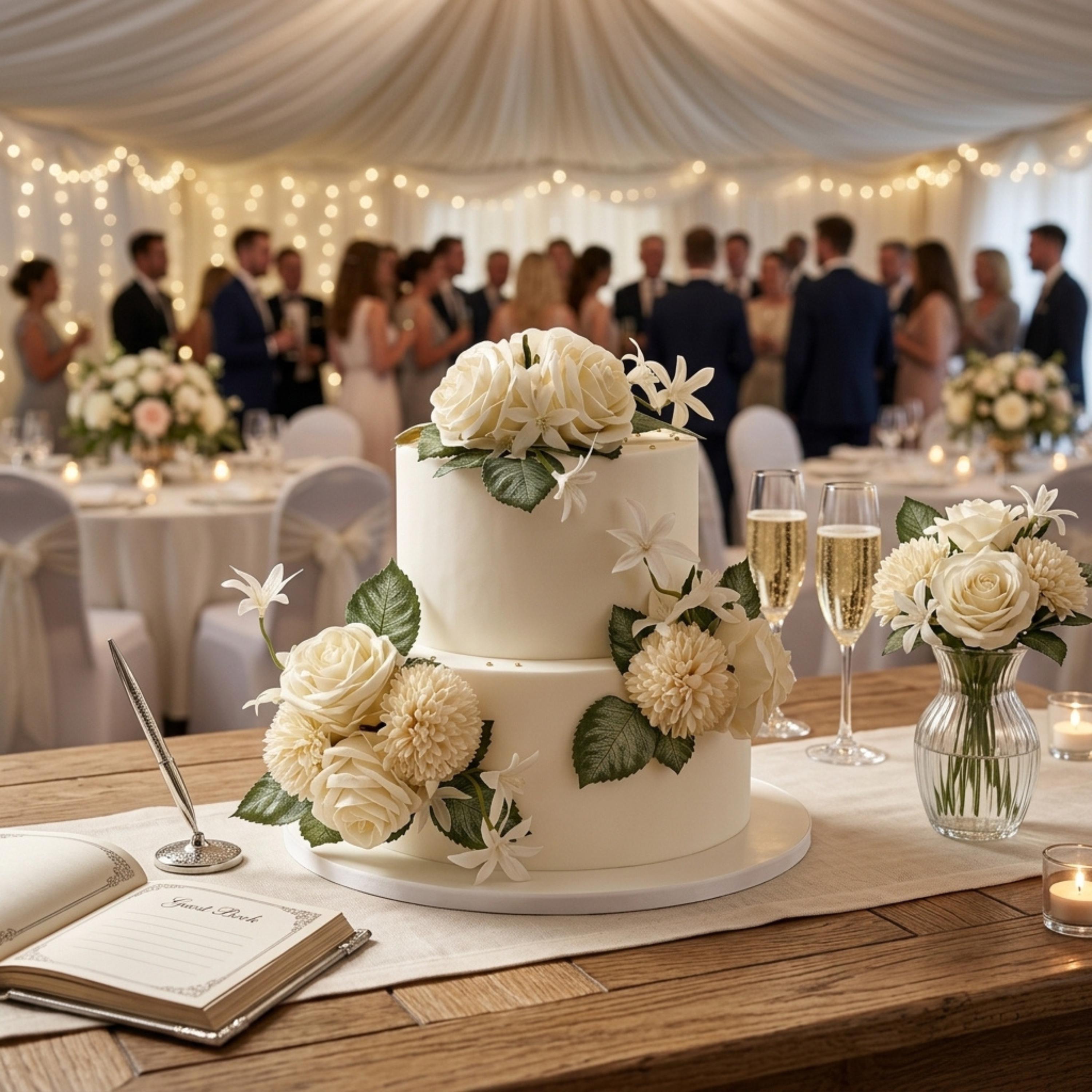 Wedding reception cake decorated with faux floral cake toppers and romantic table styling