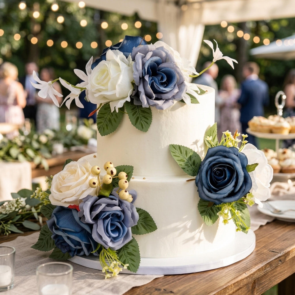 White and blue floral cake toppers for romantic wedding cake decoration