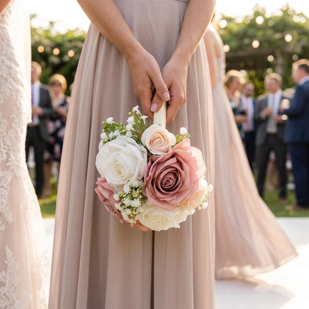 Set of 2 Dusty Pink Bridesmaid Bouquets, Artificial Rose Wedding Flowers, Blush Ivory Bridal Party Bouquets