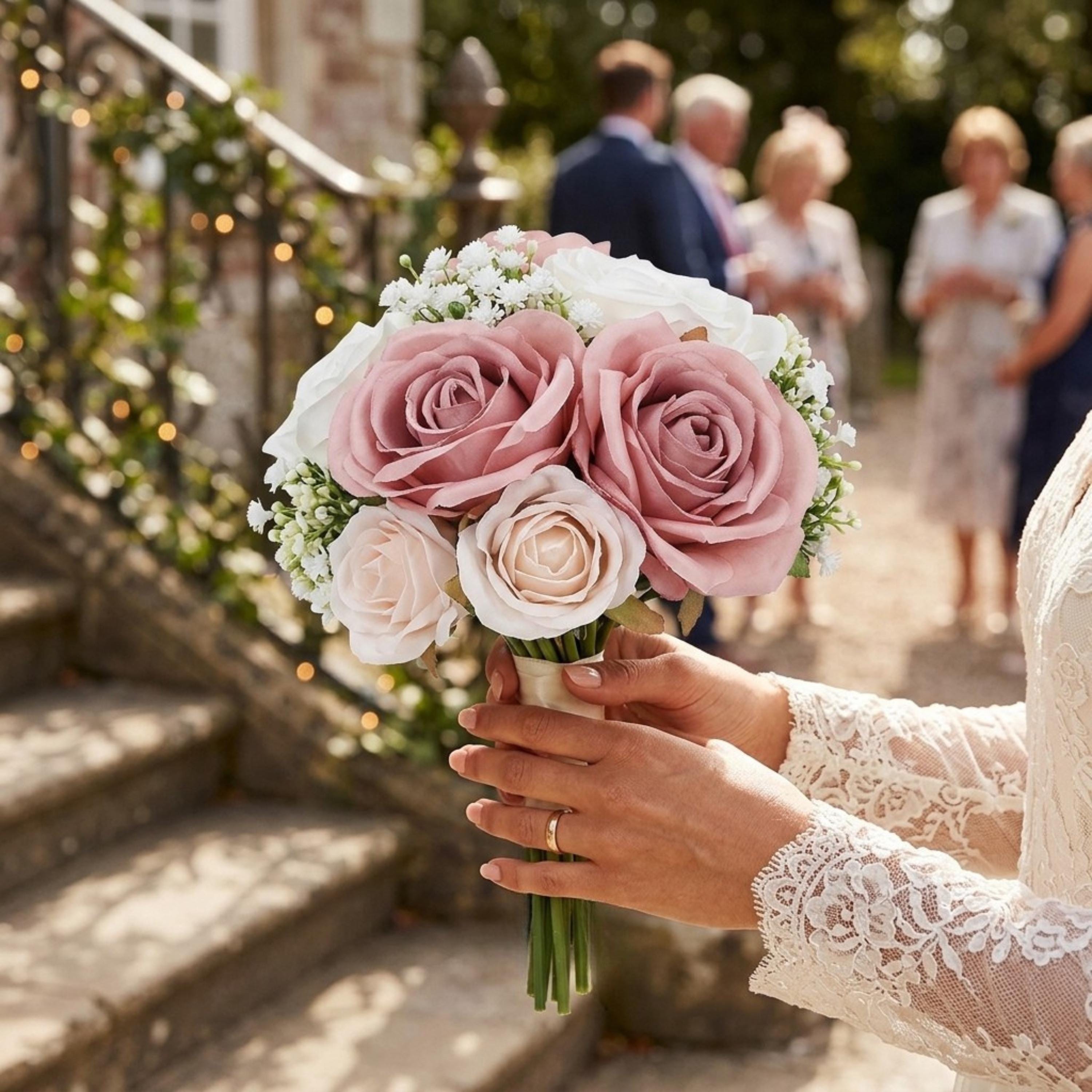Set of 2 Dusty Pink Bridesmaid Bouquets, Artificial Rose Wedding Flowers, Blush Ivory Bridal Party Bouquets