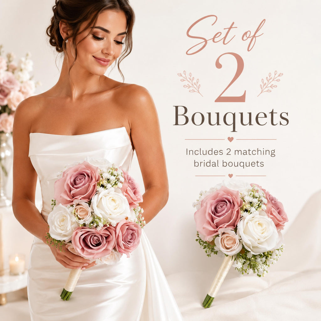 set of dusty pink artificial bridesmaid bouquets with ivory wedding flowers