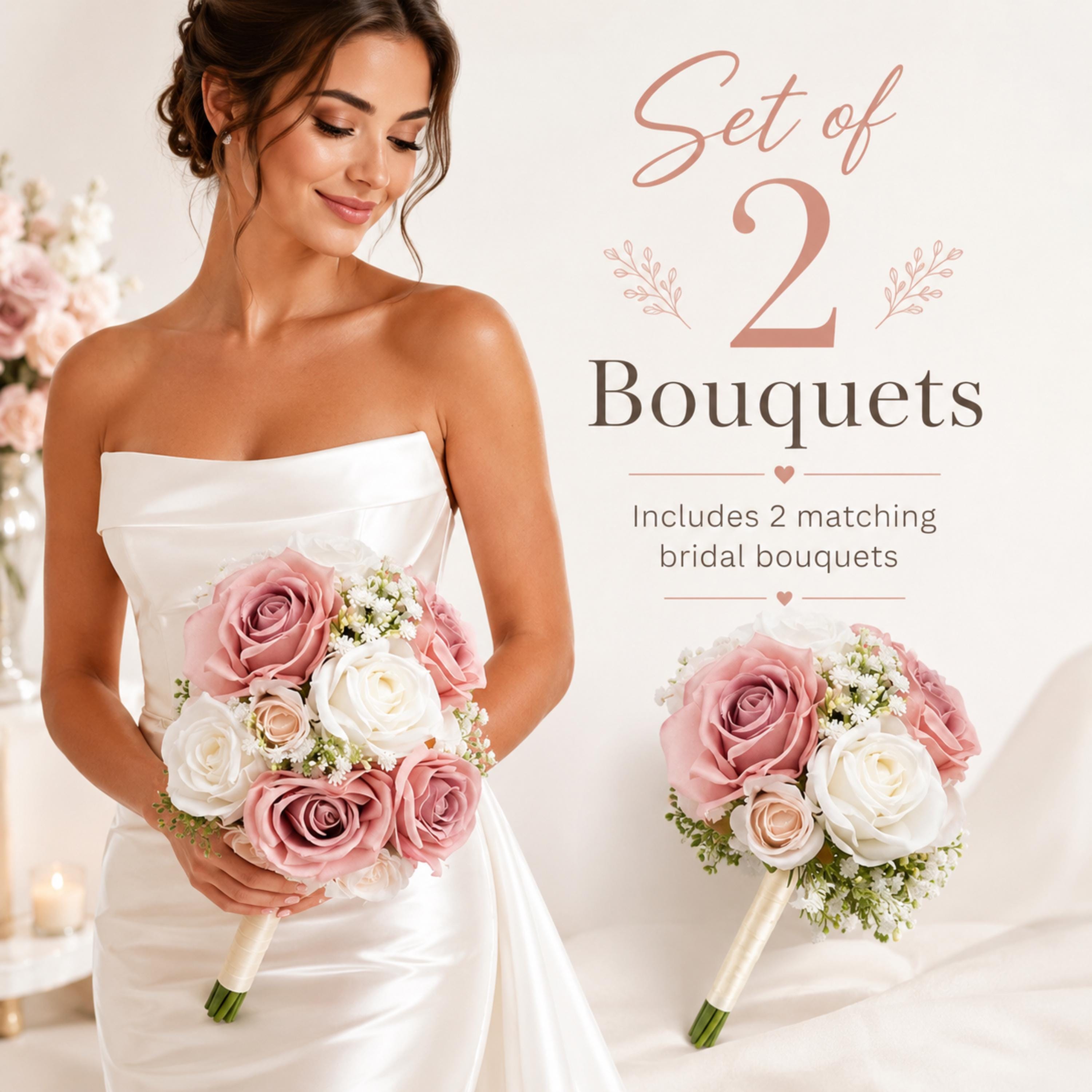 set of dusty pink artificial bridesmaid bouquets with ivory wedding flowers