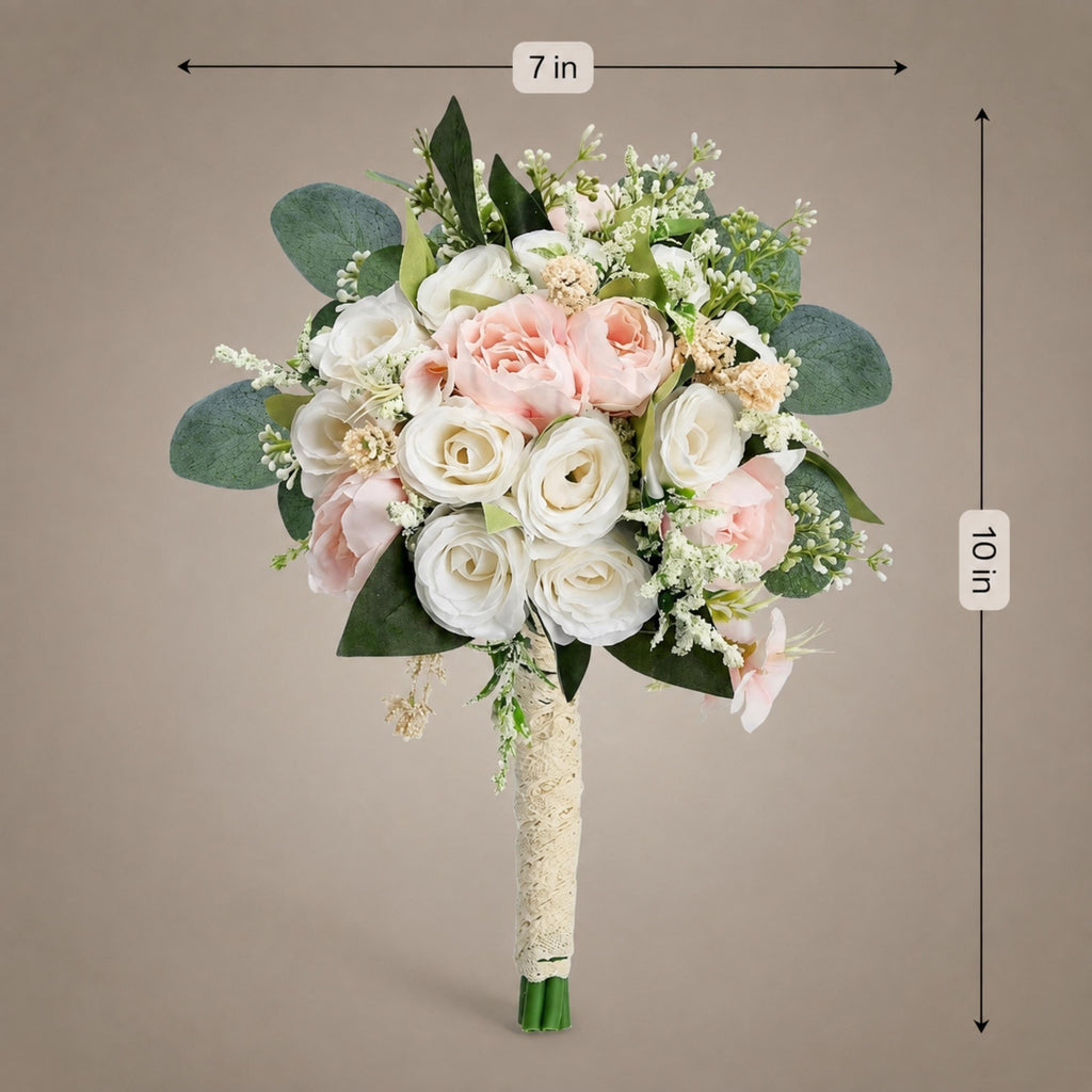 Light pink and ivory artificial rose bouquet with eucalyptus, marked 7 in wide and 10 in tall