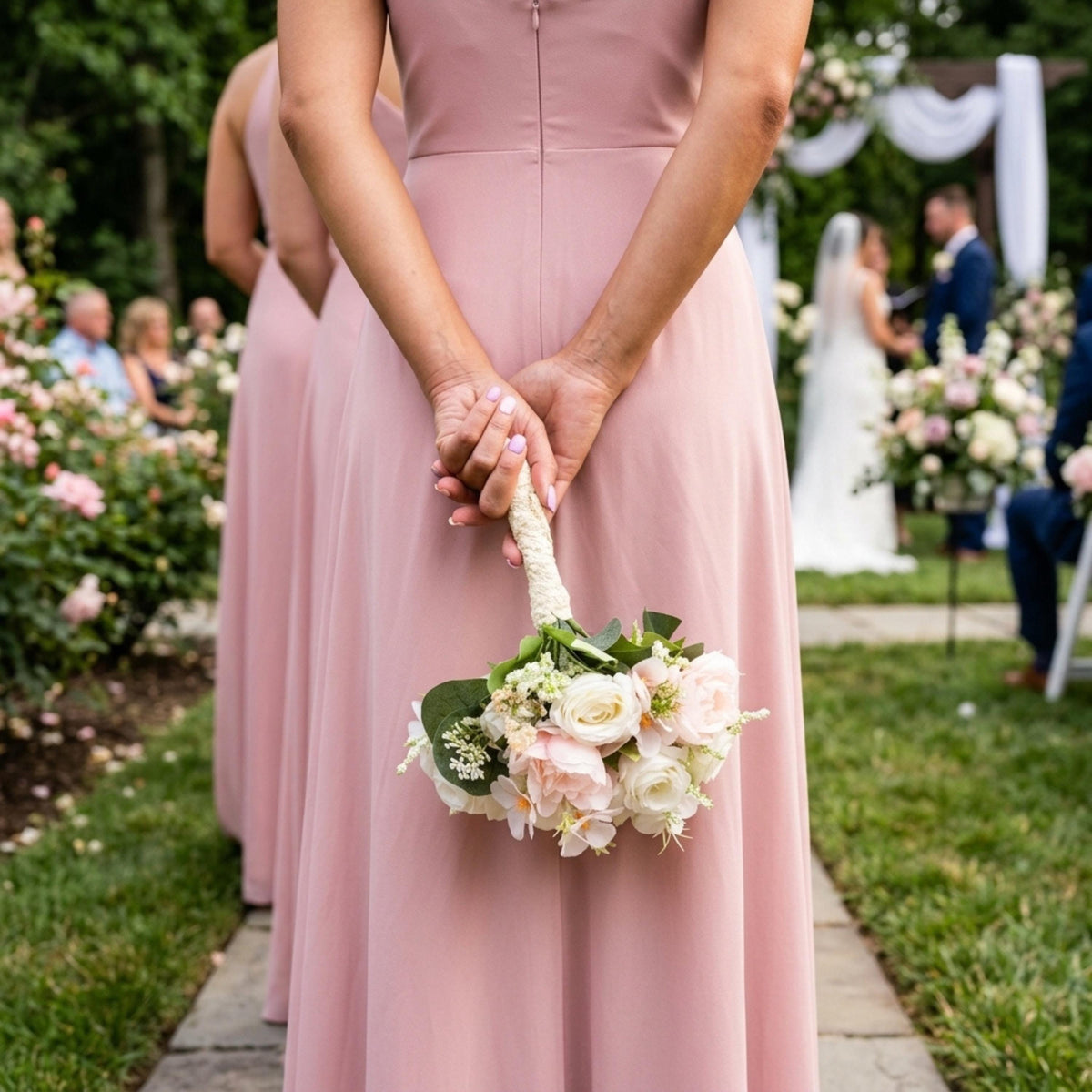Bridesmaid holding a light pink silk rose bouquet behind her back as the couple stands at the altar