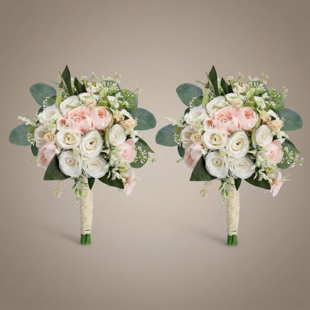 Set of 2 matching blush and ivory silk rose bridesmaid bouquets with eucalyptus leaves