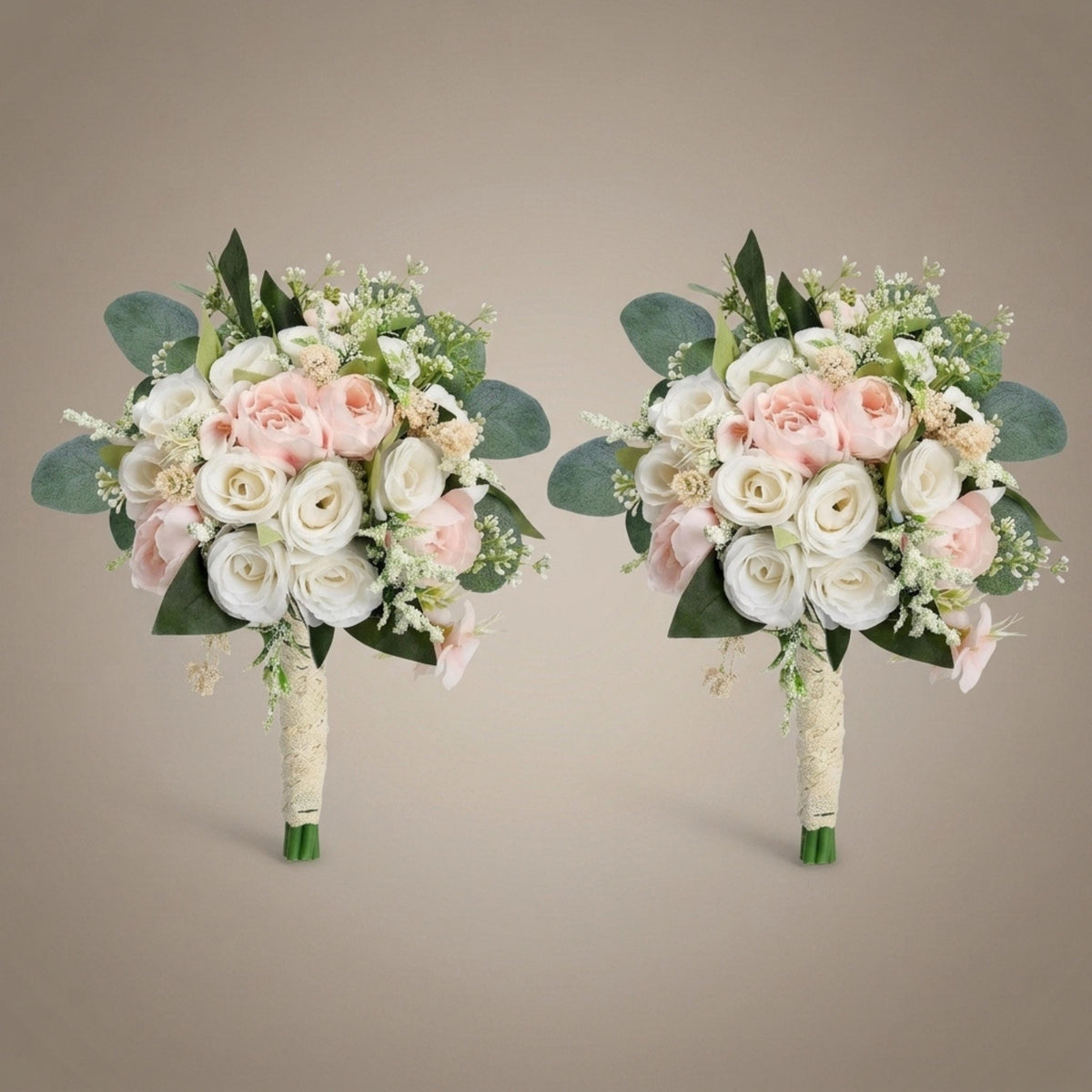 Set of 2 matching blush and ivory silk rose bridesmaid bouquets with eucalyptus leaves