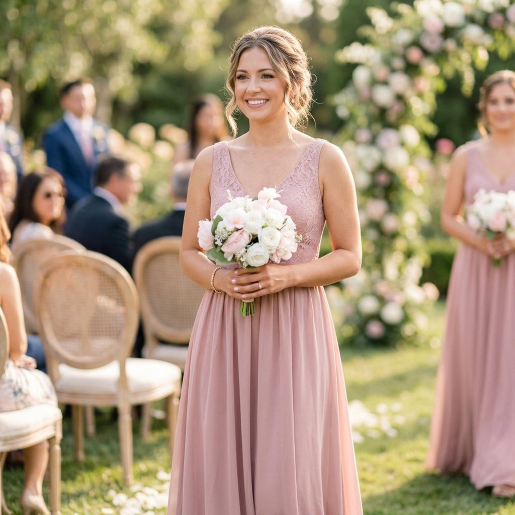 Bridesmaid in a dusty pink gown at a garden ceremony holding a blush and ivory artificial bouquet