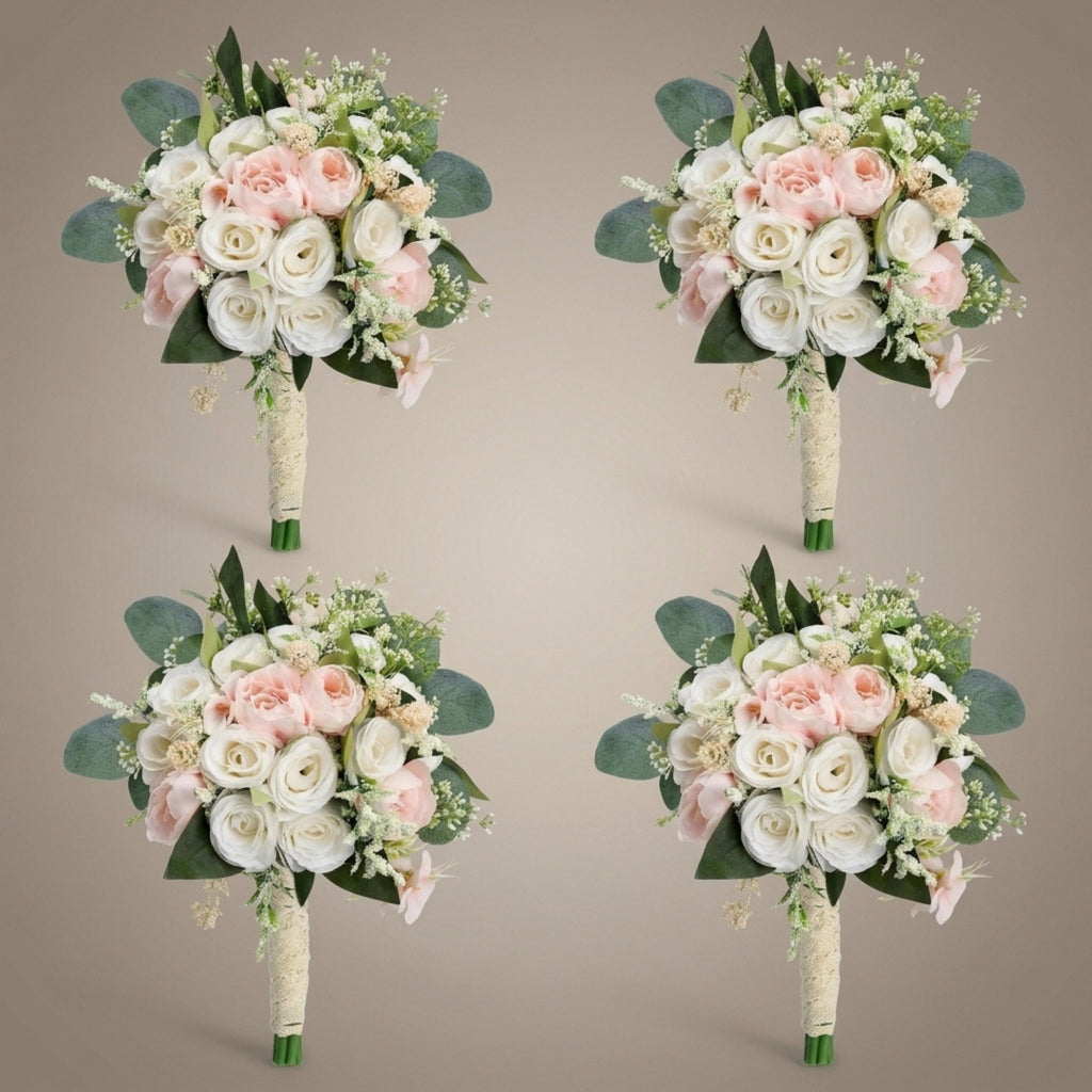Set of 4 light pink and ivory artificial bridesmaid bouquets with cream wrapped handles
