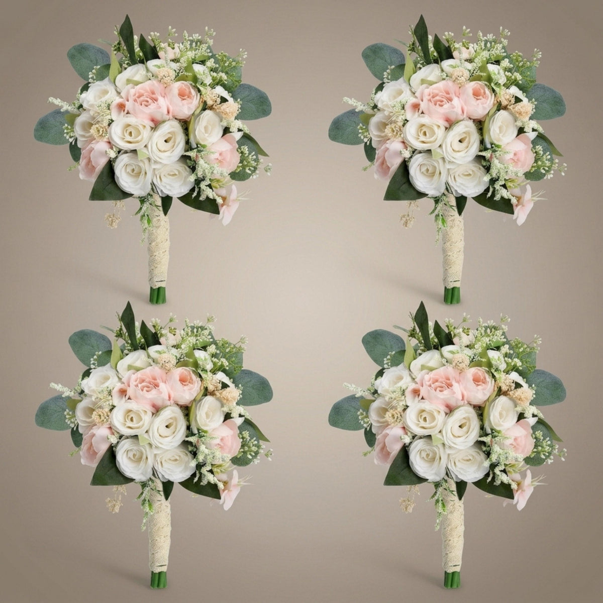 Set of 4 light pink and ivory artificial bridesmaid bouquets with cream wrapped handles