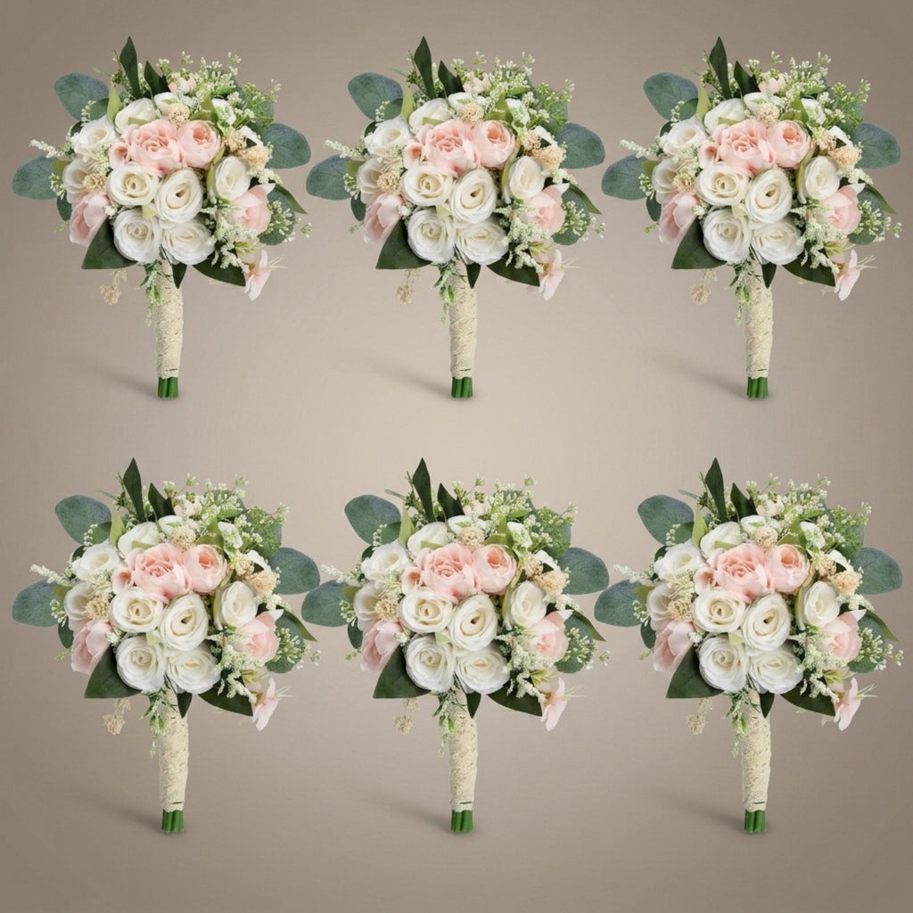 Set of 6 light pink and ivory artificial bridesmaid bouquets with eucalyptus, flat lay