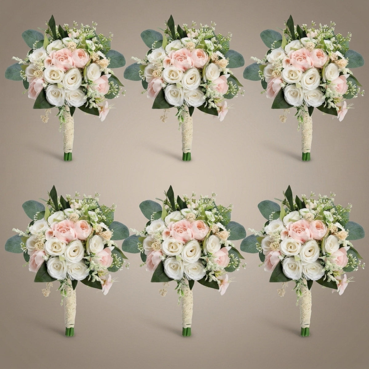 Set of 6 light pink and ivory artificial bridesmaid bouquets with eucalyptus, flat lay