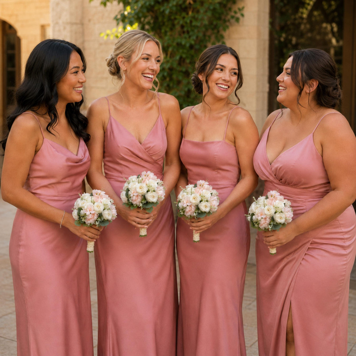 Four bridesmaids in pink dresses laughing together, each holding a blush and ivory rose bouquet