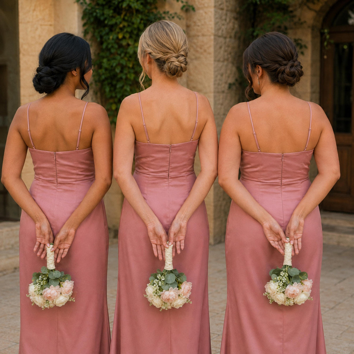 Three bridesmaids from behind holding pink and ivory silk rose bouquets behind their backs
