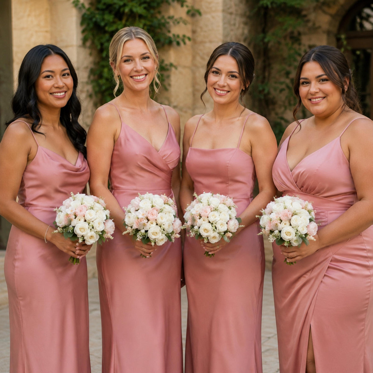 Four bridesmaids in dusty pink satin dresses holding blush and ivory silk rose bouquets