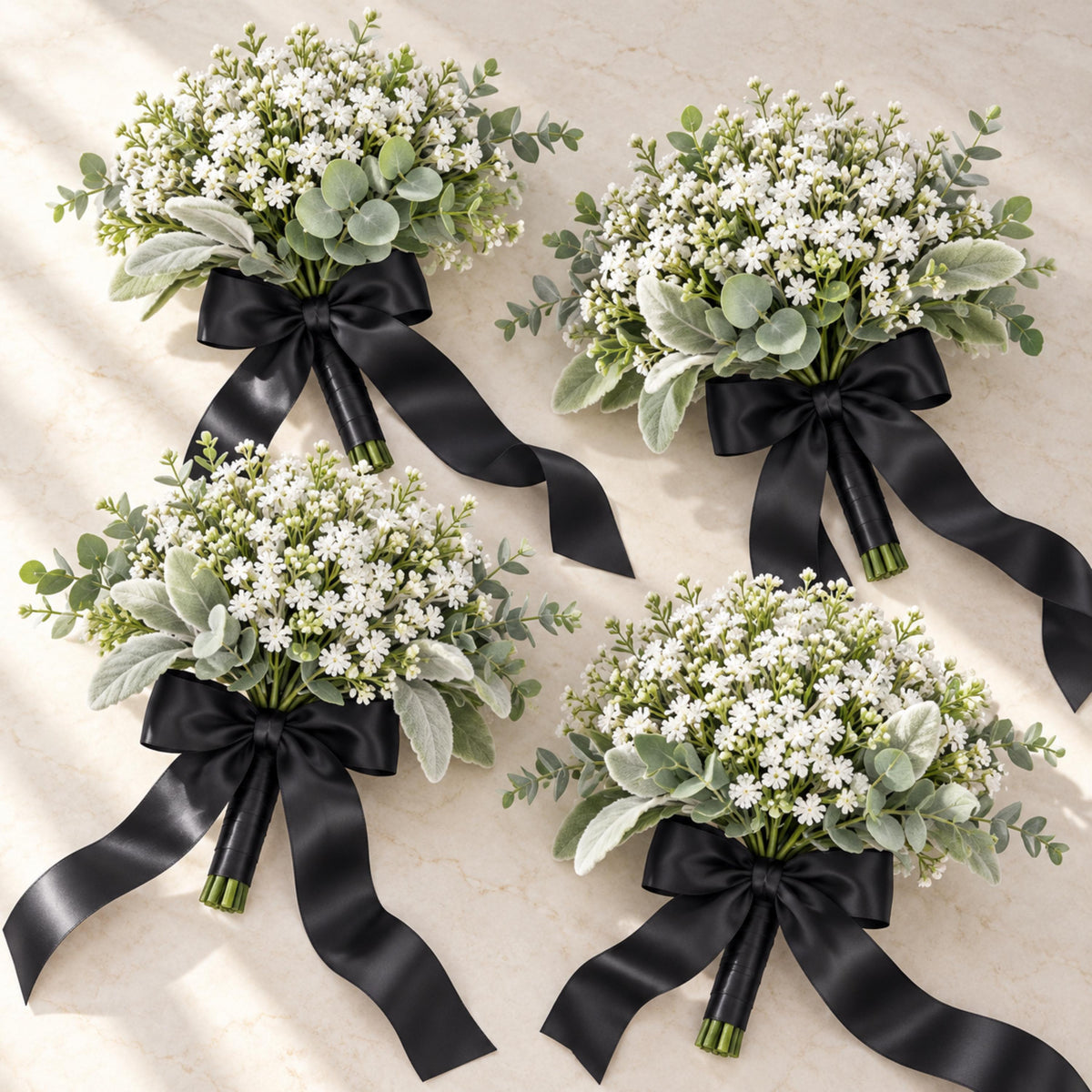 Four artificial baby's breath bouquets with eucalyptus, lamb's ear and long black satin ribbon bows, flat lay