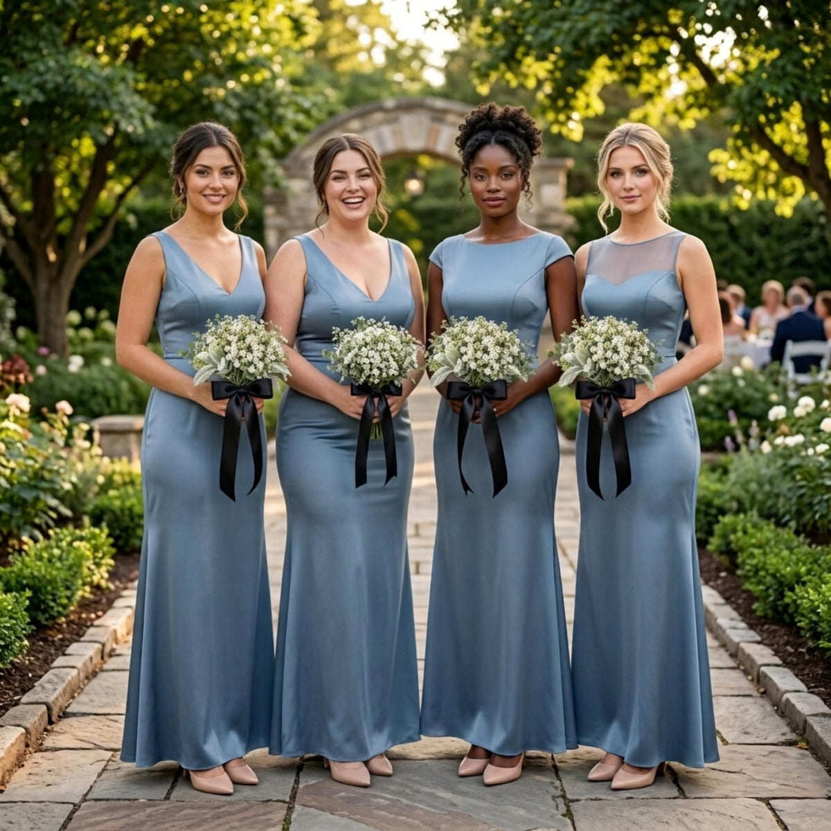 Four bridesmaids in dusty blue dresses in a garden holding faux baby's breath bouquets tied with black ribbon