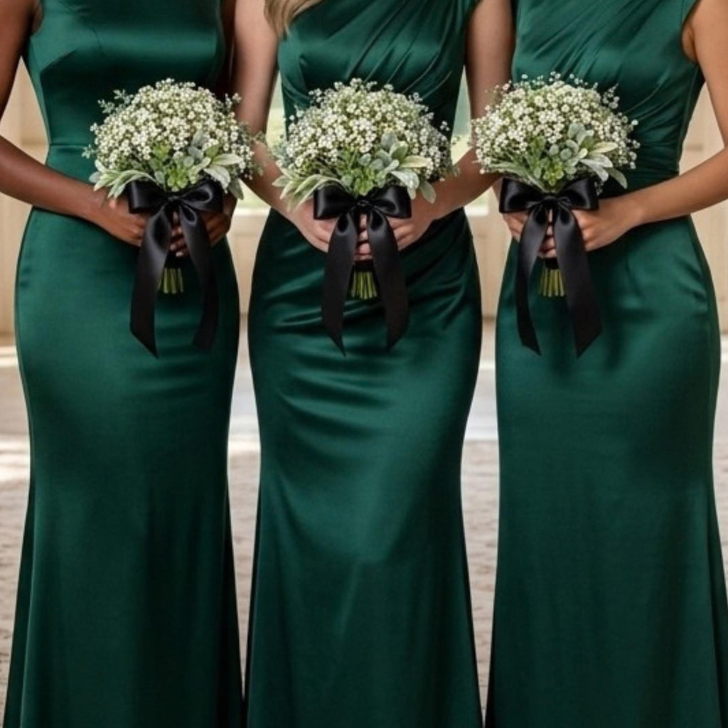 Three bridesmaids in emerald green satin dresses holding white baby's breath bouquets with black ribbon bows