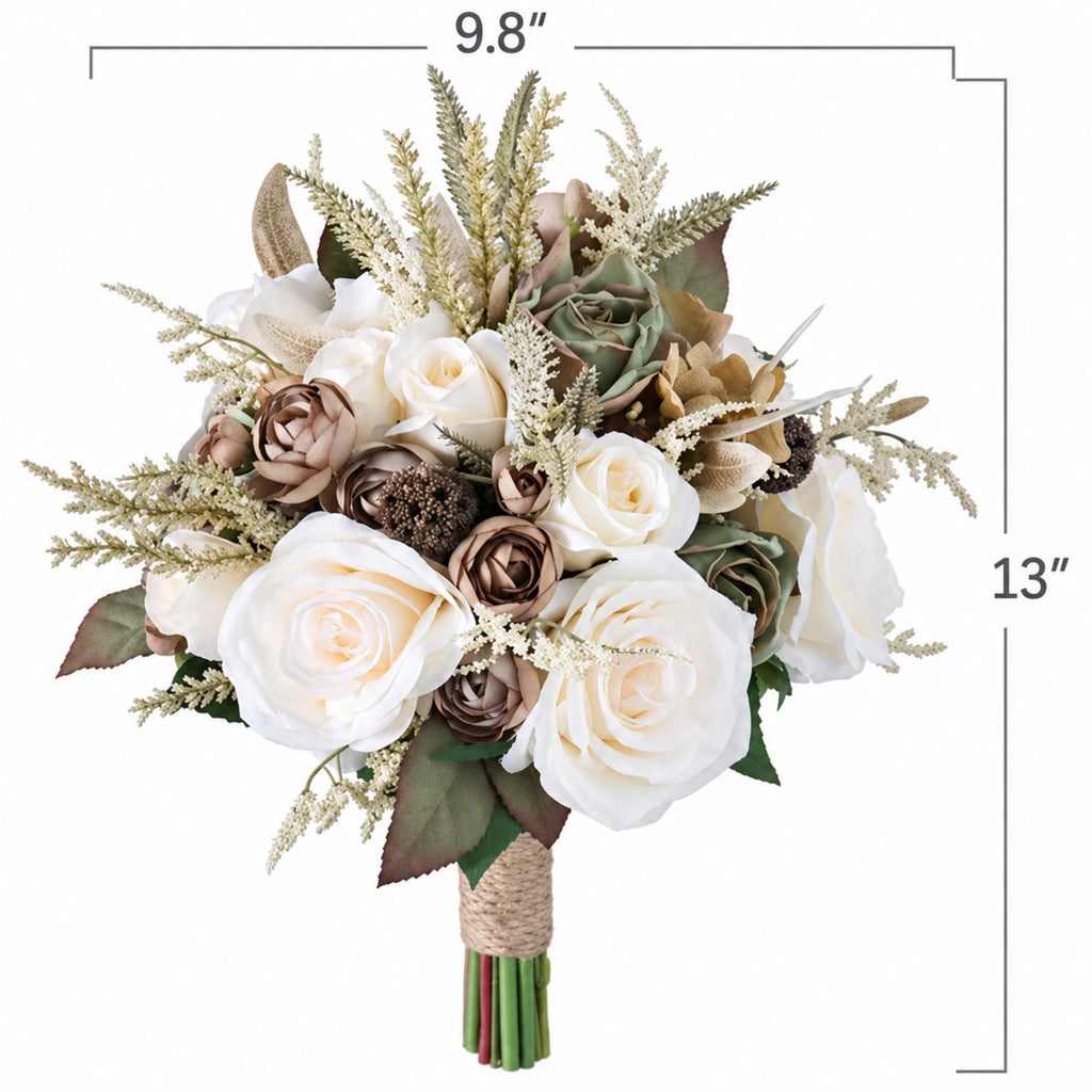 Sage and ivory artificial bridal bouquet with twine-wrapped handle, marked 13 in tall and 9.8 in wide