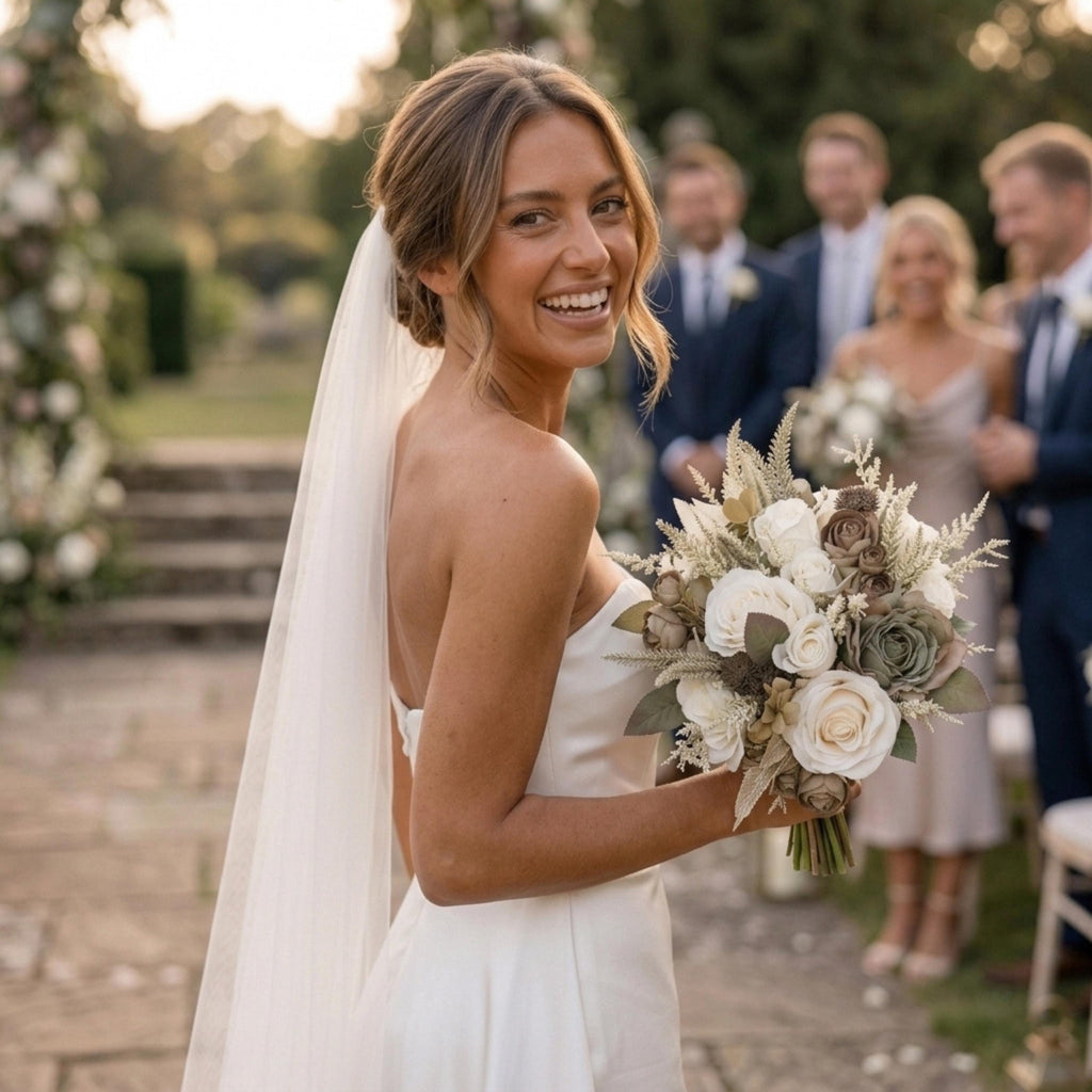 Smiling bride looking over her shoulder with a neutral sage, ivory and taupe artificial bridal bouquet