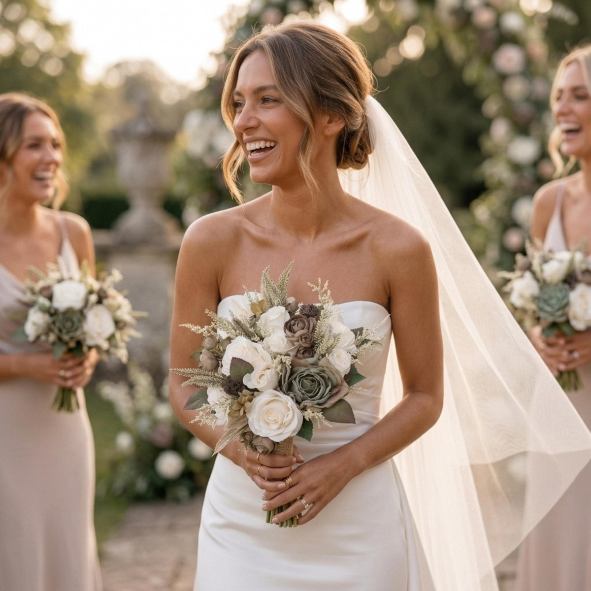 Bride holding a sage and ivory bouquet with bridesmaids in taupe dresses carrying similar bouquets