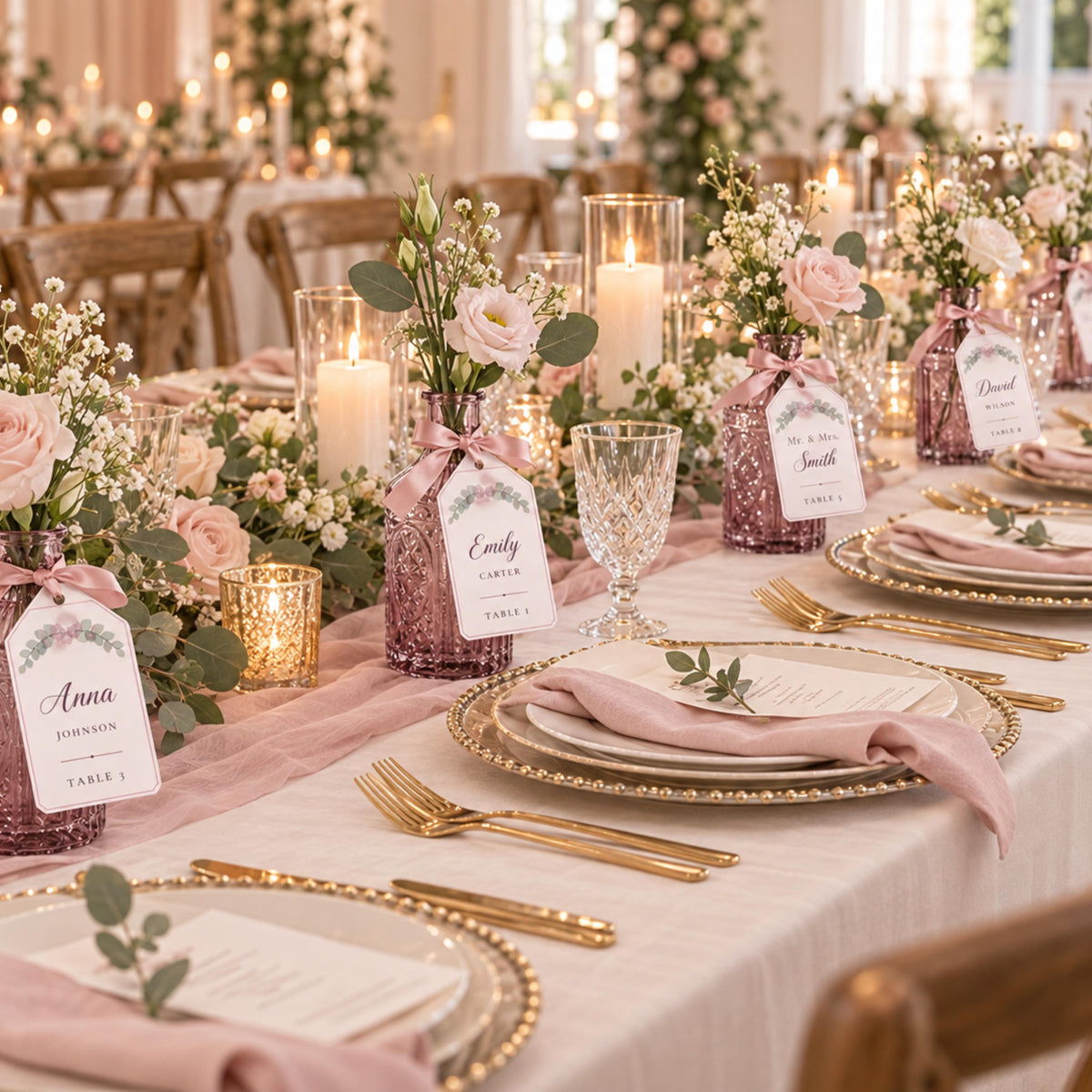 Long wedding table with purple glass bud vases, guest name tags and roses at each gold-rim place setting