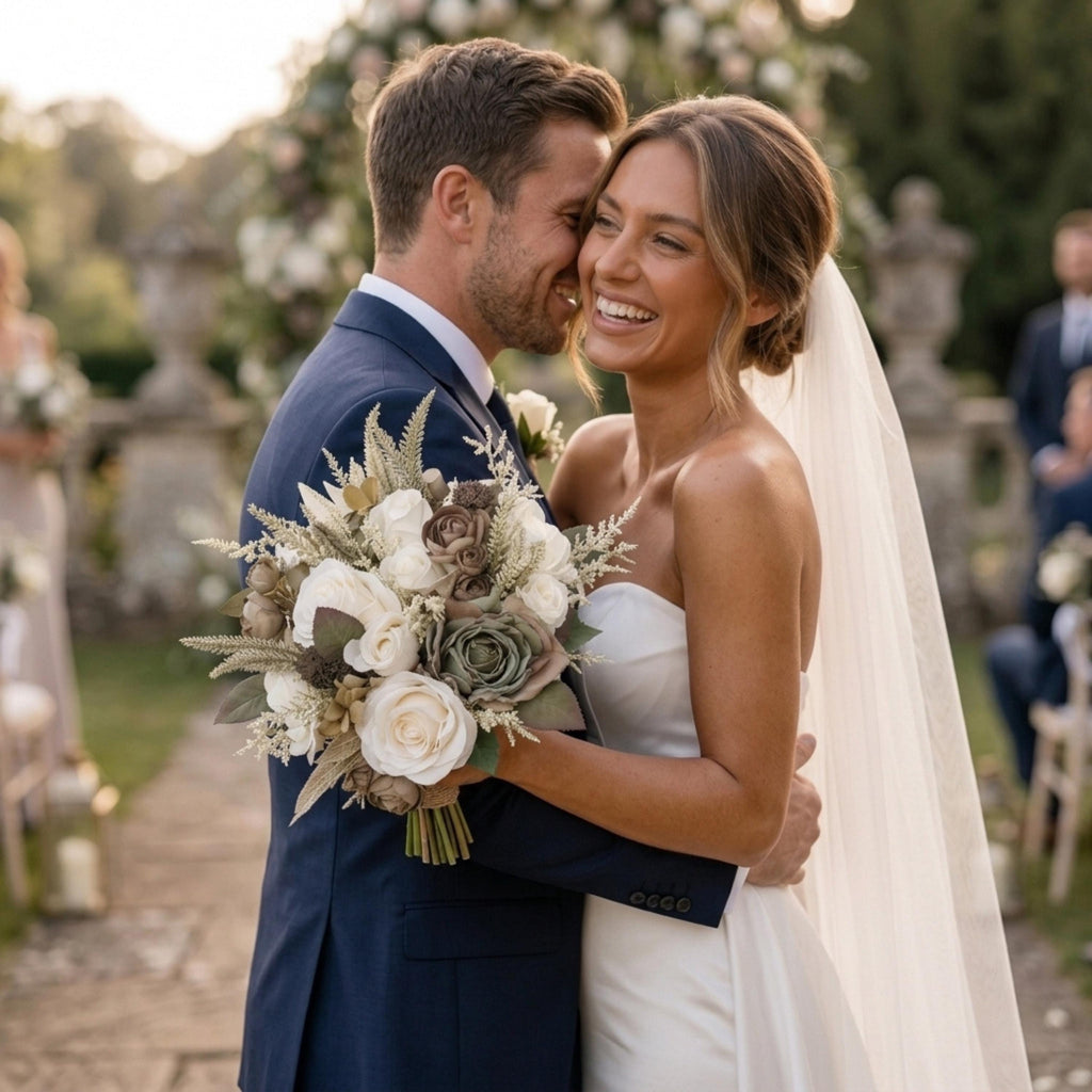 Bride and groom embracing outdoors, bride holding an ivory and sage real-touch rose bouquet