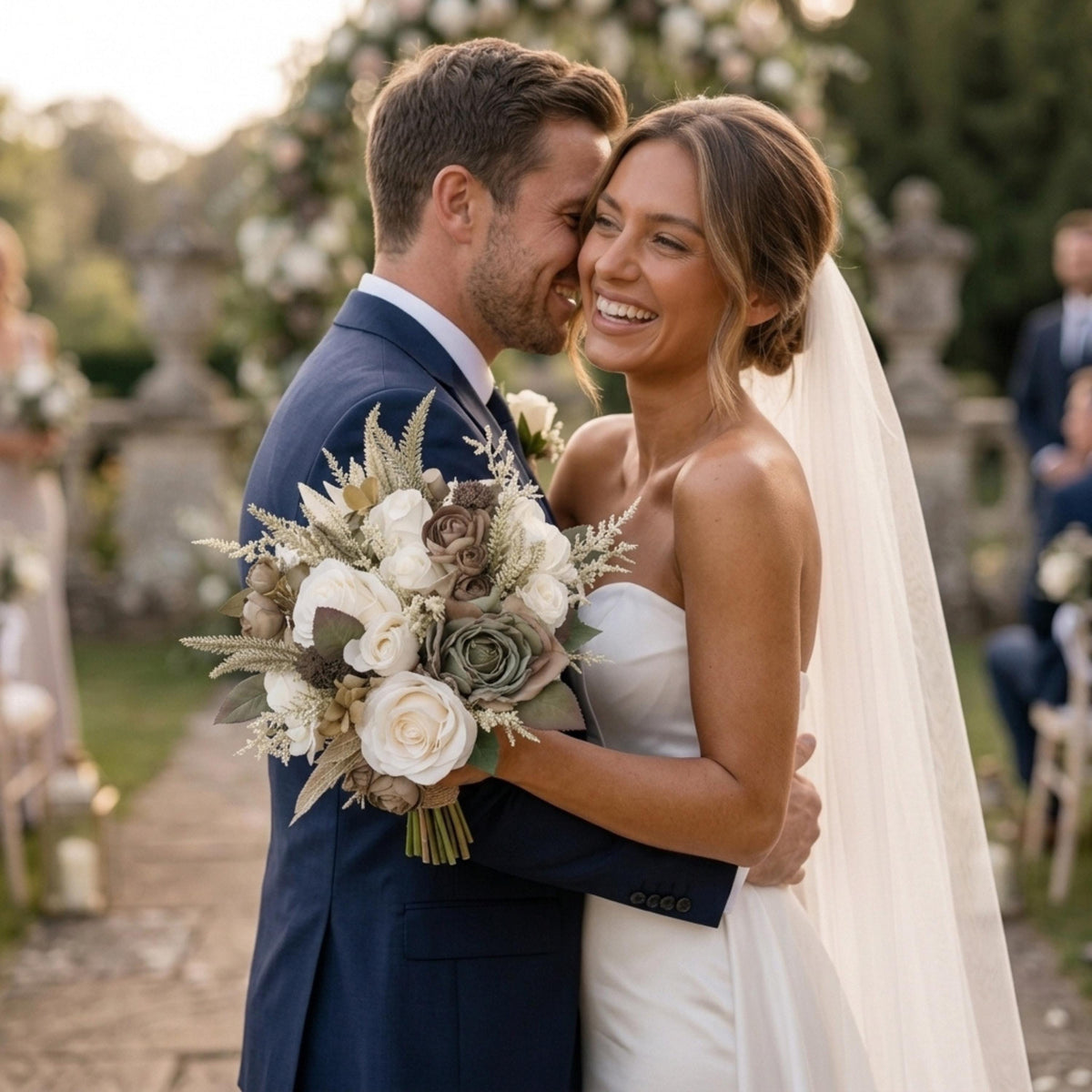 Bride and groom embracing outdoors, bride holding an ivory and sage real-touch rose bouquet