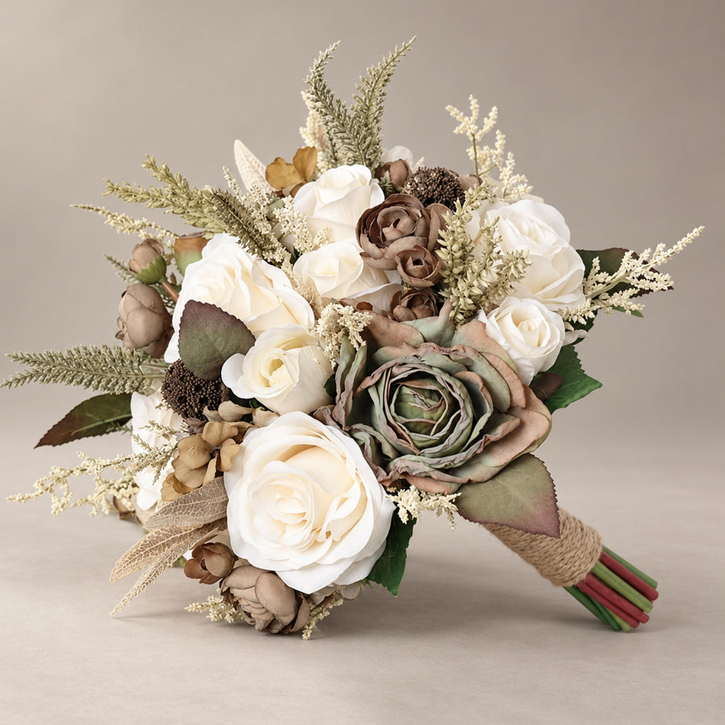Artificial bridal bouquet with ivory roses, sage green roses, taupe rosebuds and feathery cream fillers on a gray backdrop