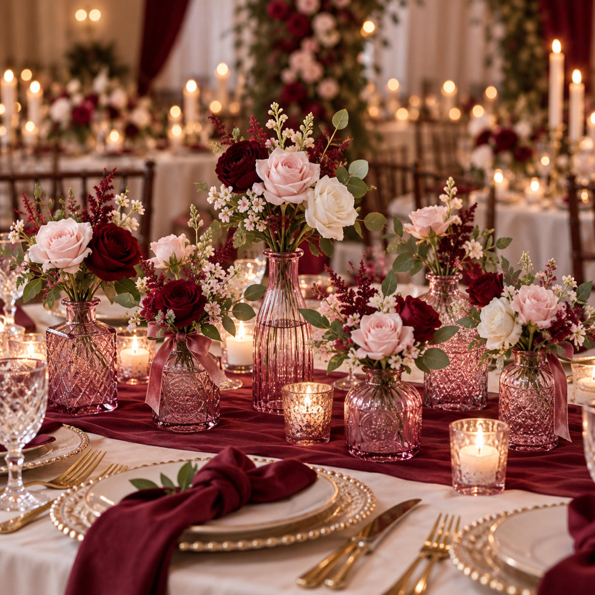 Purple glass bud vases with blush and burgundy roses along a burgundy table runner with votive candles