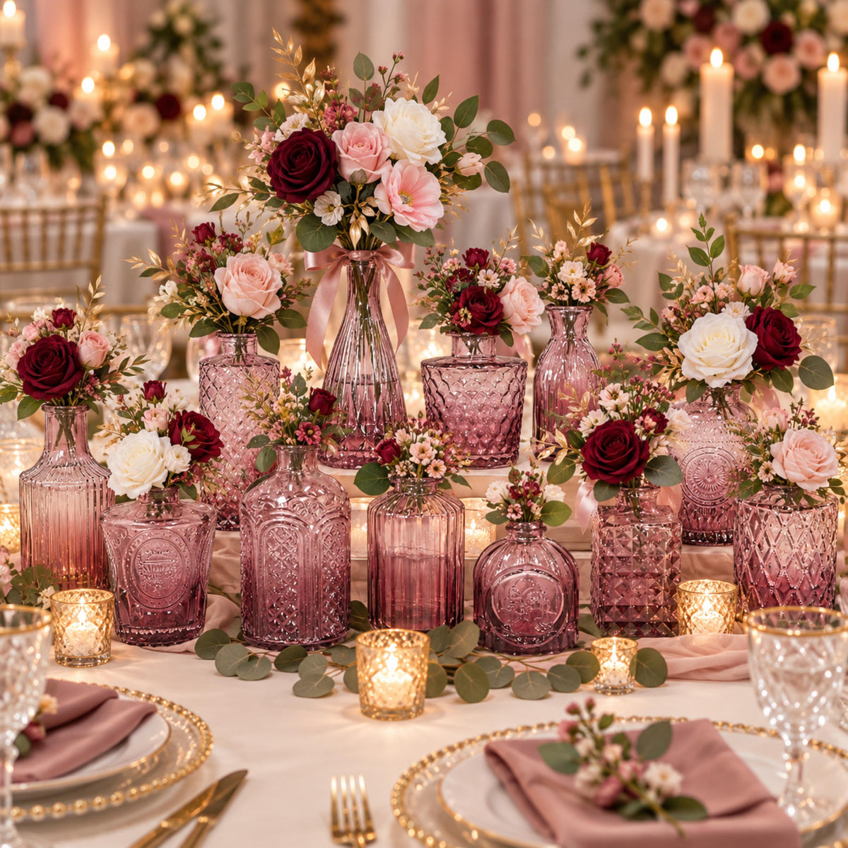 Twelve purple glass bud vases with pink, white and burgundy roses on a wedding table with candles and gold-rim plates